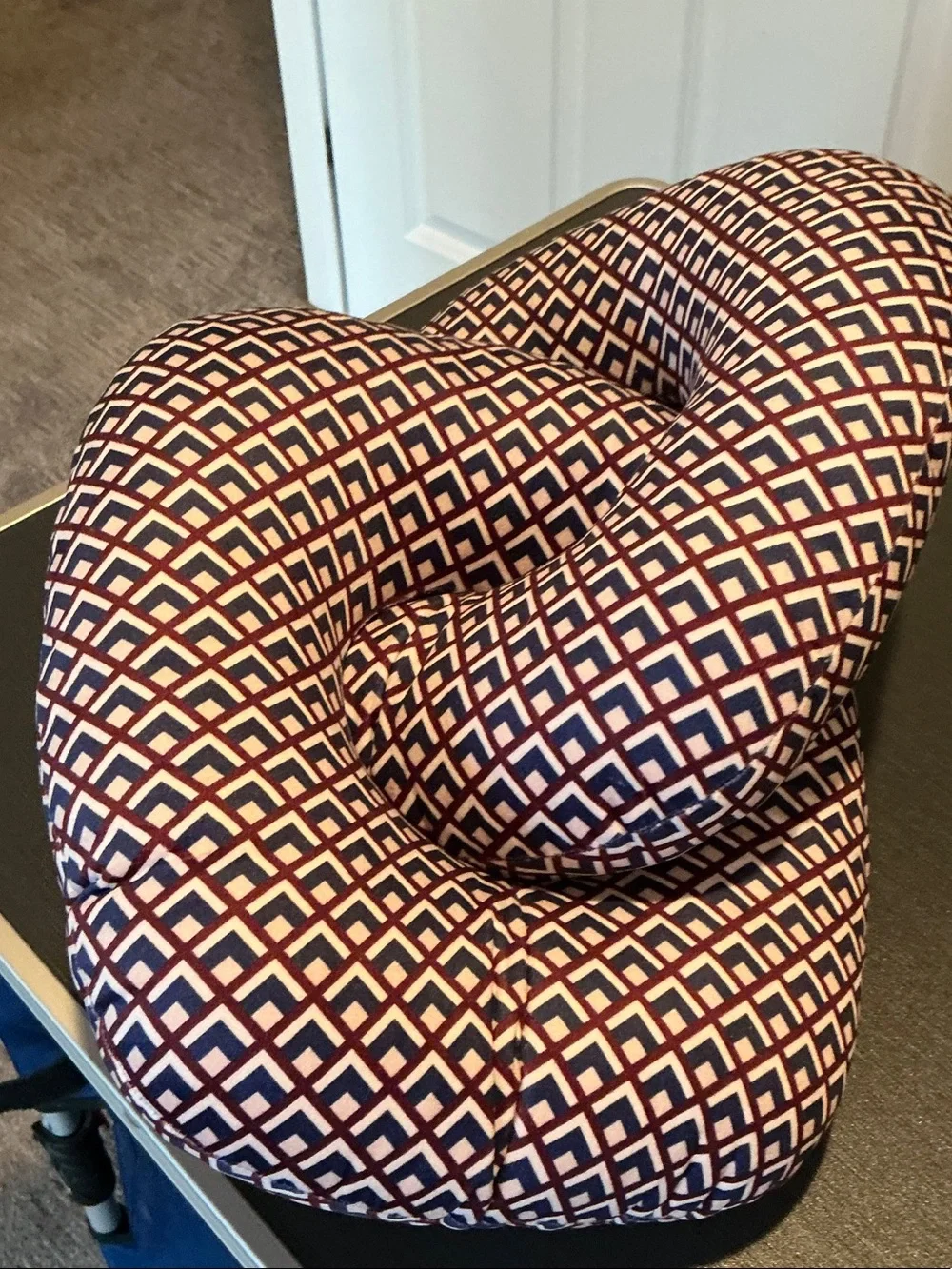 Patterned Throw/Neck Pillow in Navy and White with Burgundy Accents